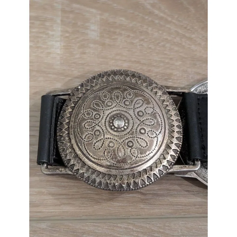 Vintage Avignon Western Concho Belt Black Silver Boho Size Large Spain Statement